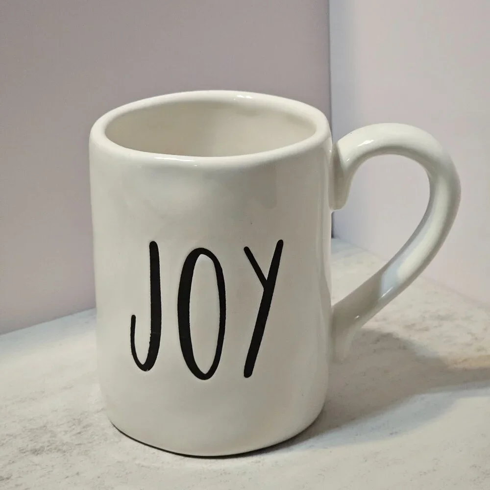 Pier 1 Imports Oversized Stoneware Coffee Tea Hot Cocoa Mug JOY White / Black